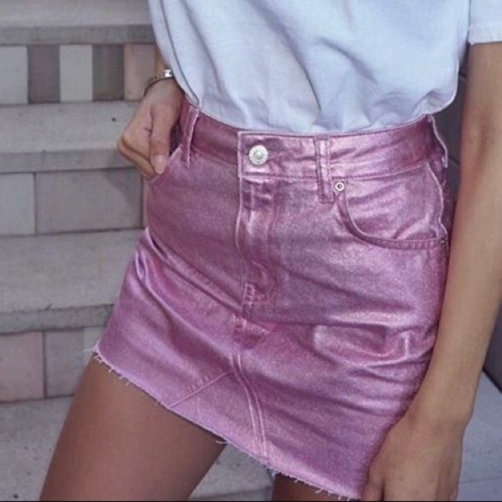 💕 TOPSHOP MOTO Pink Metallic Denim Mini Skirt 💕